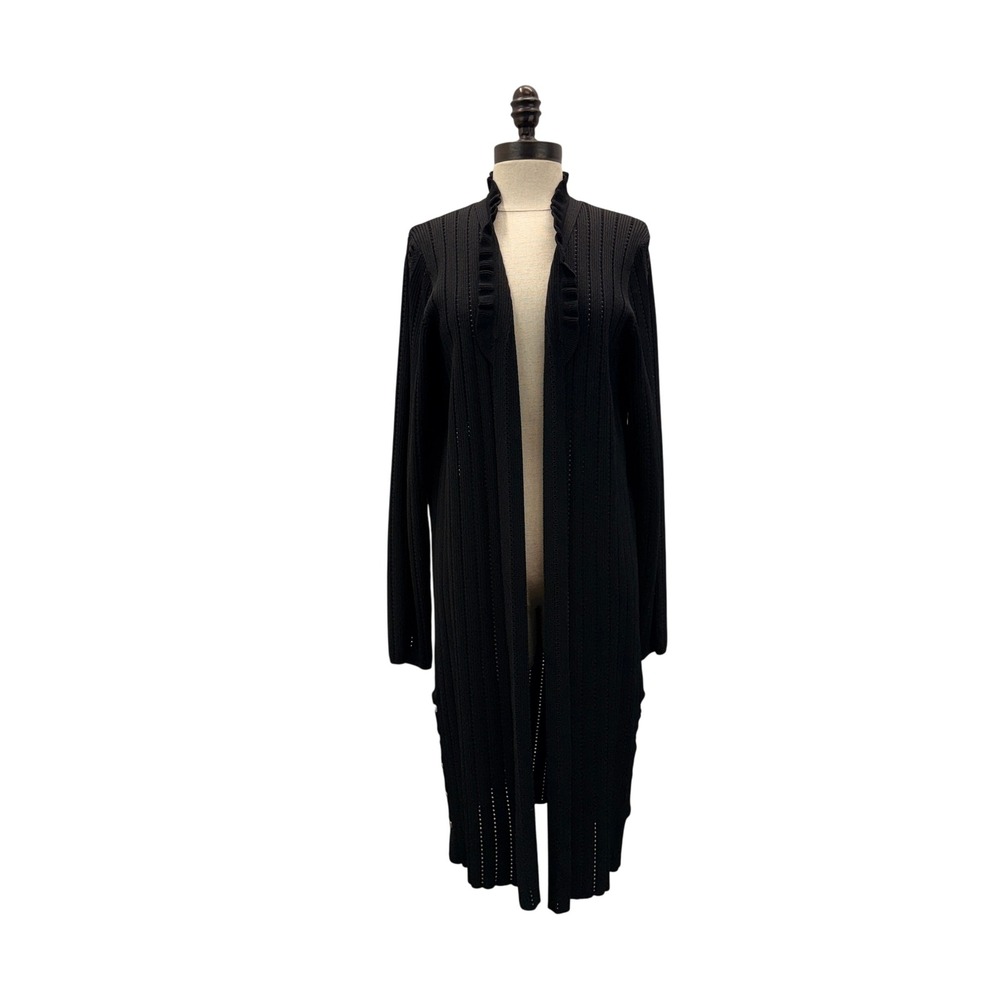 Carlisle Collection Duster Cardigan Women L Black Excellent Ruffle Pointelle Rib